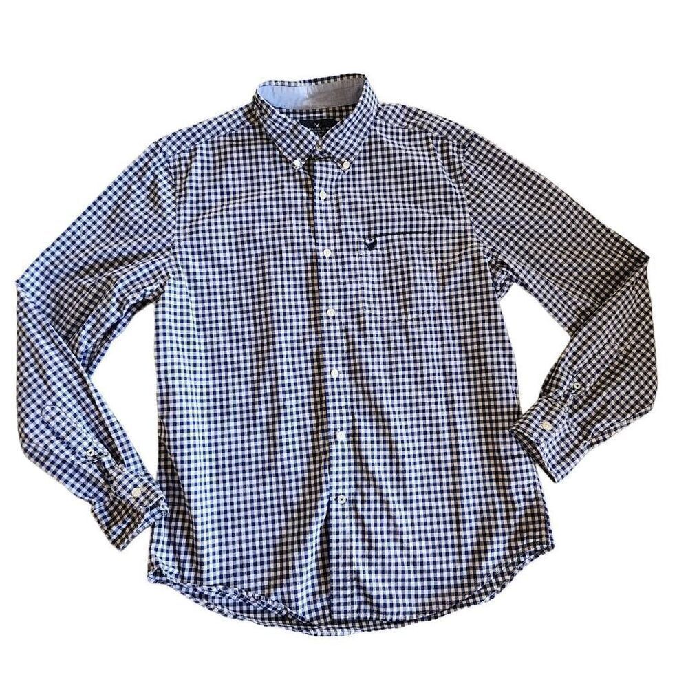American Eagle men's L standard blue plaid button-up casual dressy shirt